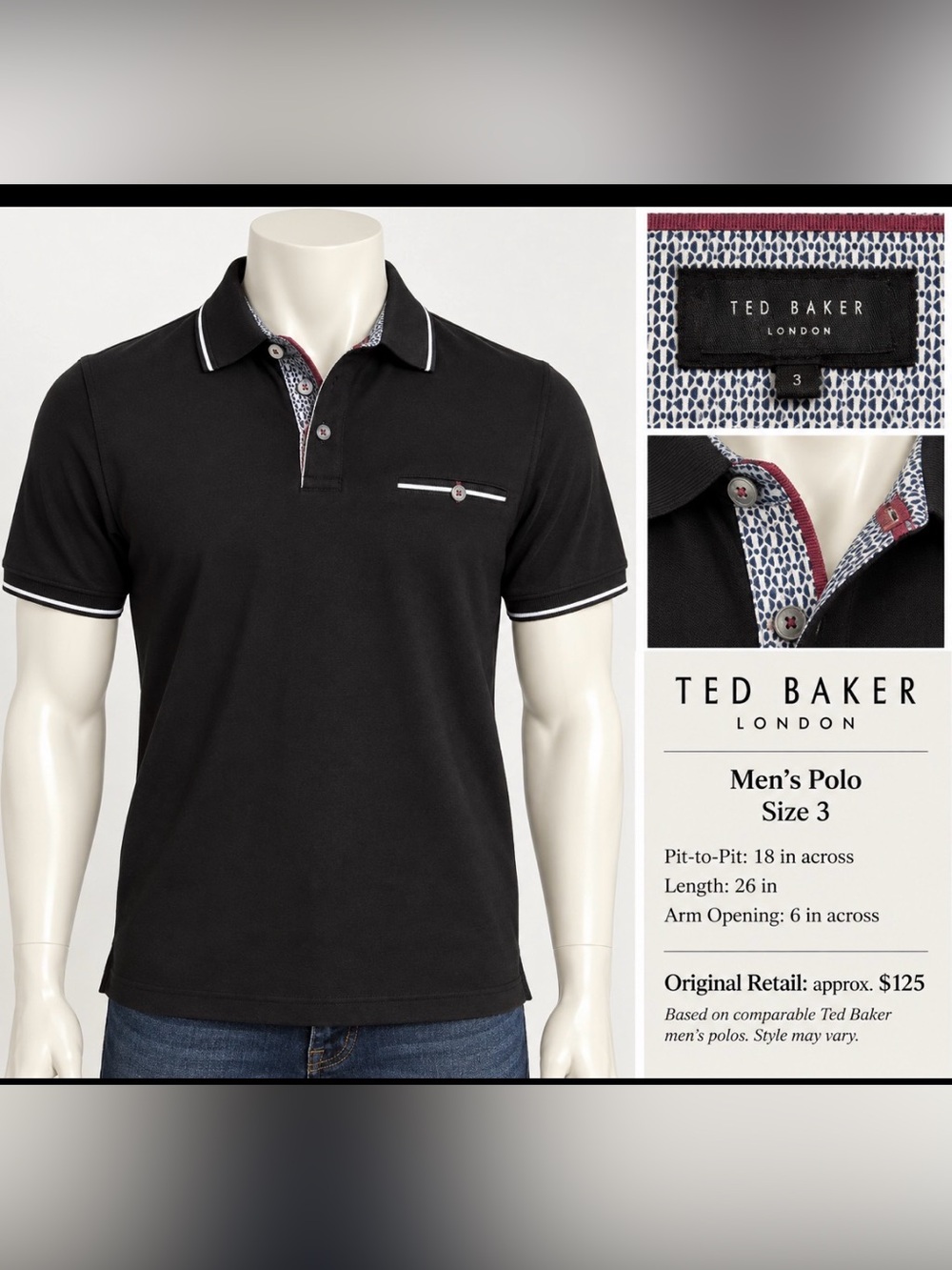 Ted Baker Men’s Black Polo with Contrast Trim, Size 3
